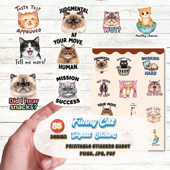 Funny Cat Stickers: Semi-Realistic Clipart for Journaling (Digital Download)