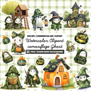 Akvarell Camo Spöke Clipart: Halloween PNG-paket