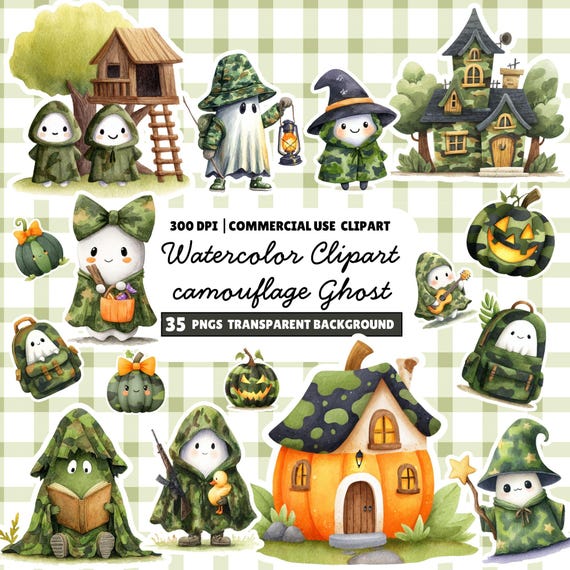 Watercolor Camo Ghost Clipart: Halloween PNG Bundle