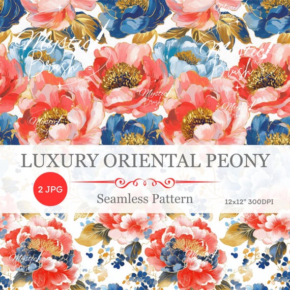 Oriental Peony Seamless Pattern: Red, Blue, Gold (JPG Digital Download 12x12in