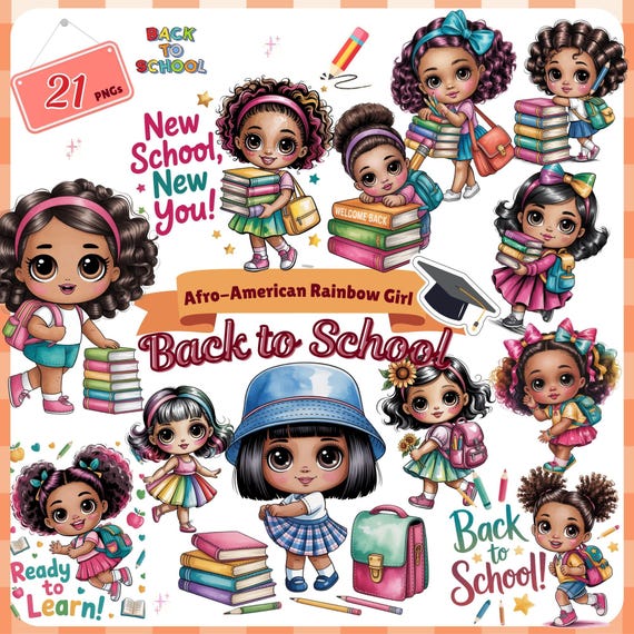 Rainbow Afro Girl Clipart Set: Back to School PNG Illustrations