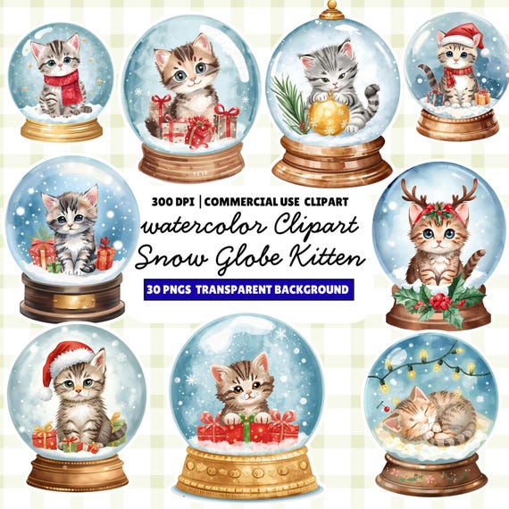 Watercolor Snow Globe Kitten Clipart, Christmas Cat PNG Set