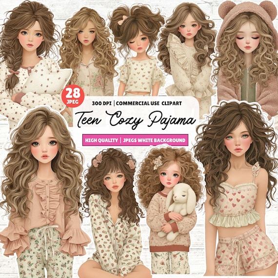 Teen Cozy Pajama Clipart, Teen Cozy Pajama Watercolor Girl, Teen Cozy Pajama Digital Clipart for Kids Designs, JPEG 300 DPI