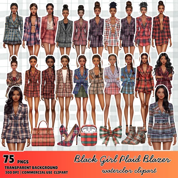 Watercolor Plaid Blazer Clipart: Black Girl Fashion PNG (Digital Download)