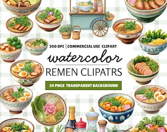 Watercolor Ramen Clipart Set: Japanese Food PNG (Digital Download)