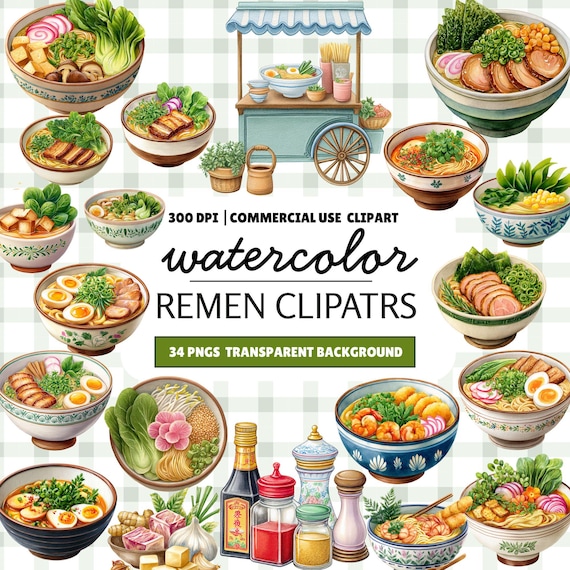 Watercolor Ramen Clipart Set: Japanese Food PNG (Digital Download)