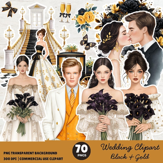 Black and Gold Wedding Clipart: Luxury Watercolor PNG Set
