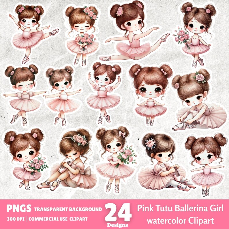 Pink Ballerina Clipart Bundle, Watercolor Tutu PNG (digital Download ...