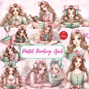 Könnte beinhalten: Digitale Kunstsammlung mit Illustrationen eines lesenden Mädchens. Die Bilder zeigen das Mädchen in verschiedenen Posen, gekleidet in pastellfarbene Kleider und Schleifen. Der Text "Pastel Reading Girl" ist zu sehen, zusammen mit einem Label "18 PNGs".