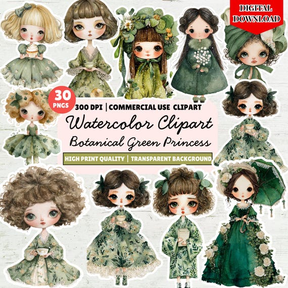 Watercolor Princess Clipart | Green Botanical Dress Girls | Vintage Botanical Doll Illustration (30 PNG Files)