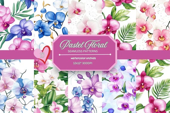 Watercolor Orchid Seamless Patterns: Tropical Floral Digital Paper (12x12 inches)