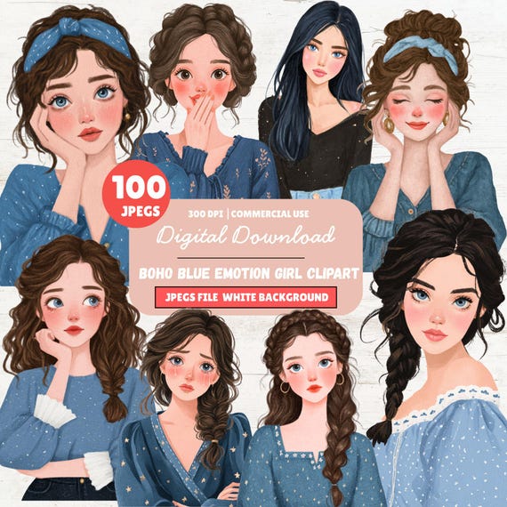 Boho Girl Clipart, Blue Emotion, Emotional Female Portraits Watercolor Portraits (Digital Download)