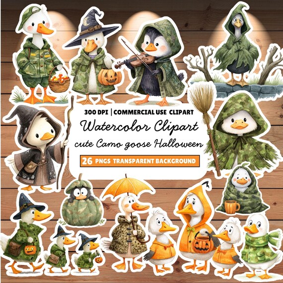Watercolor Camo Goose Halloween Clipart: 26 PNG Bundle