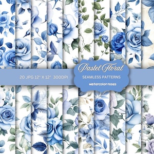 Blue Watercolor Floral Paper Seamless Blue Rose Patterns Watercolor Floral Backgrounds Blue Floral Digital Paper Watercolor Rose paper