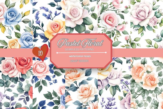 Watercolor Rose Seamless Patterns: Pastel Floral Digital Paper (12x12 inches)
