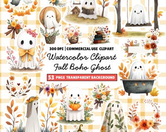 Clipart di fantasmi autunnali ad acquerello: pacchetto PNG autunnale boho