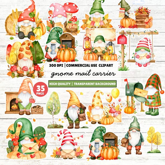 Fall Gnome Mail Carrier Clipart, Autumn PNG Bundle (Commercial Use)