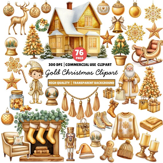 Christmas Clipart Gold , Pastel Winter PNG Bundle, Watercolor PNGs (Digital Download)