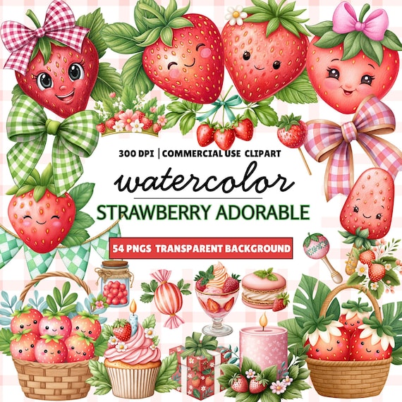 Watercolor Strawberry Clipart Set: PNG Illustrations (Digital Download)