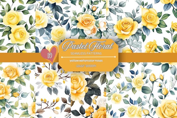 Yellow Watercolor Roses Seamless Patterns – Vintage Floral Digital Paper