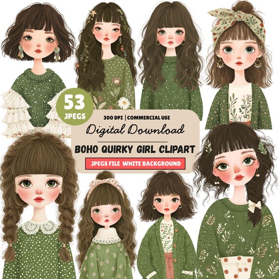 Boho Girl Clipart, Quirky Girl , Bohemian Female Portraits, JPEG ,Watercolor Fashion Illustrations (Digital Download)