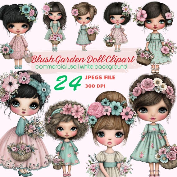Watercolor Girls Clipart: Pastel Nursery Art, Dolls Illustration (JPG Digital Download)