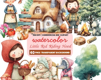 Rotkäppchen Aquarell Clipart: Märchen PNG Set (Kommerzielle Nutzung)