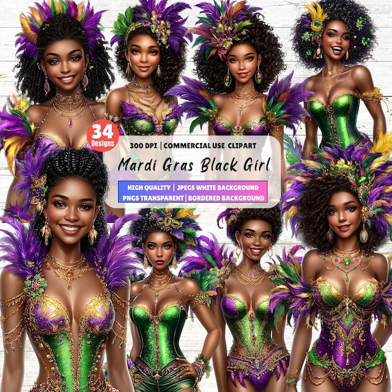 Mardi Gras Clipart Black Girl PNG for Sublimation Mardi Gras Clipart African American Woman Festive Mardi Gras Clipart Card JPEG