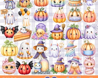 Kawaii Halloween Clipart, Ghost, Pumpkin PNG Illustrations (Digital Download