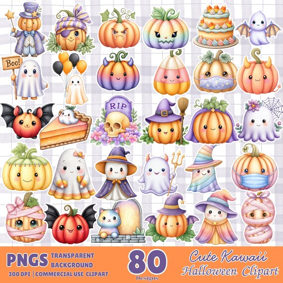Cute Kawaii Halloween Clipart PNG, Halloween Kawaii Clipart for Scrapbooking, Cute Kawaii Halloween Clipart Digital Download