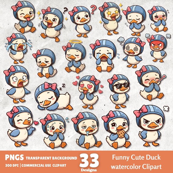 Funny Duck Clipart PNG, Cute Funny Duck Clipart Bundle, Cartoon Funny Duck Clipart for Planner & Sublimation, Duck Emoji Sticker