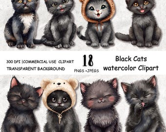 Svart katt Clipart, svart katt akvarell Clipart för planerare, svart katt Clipart PNG, JPEG, söt kattunge PNG, kommersiellt bruk