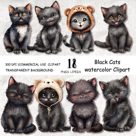 Black Cat Clipart, Black Cat Watercolor Clipart for Planner, Black Cat Clipart PNG, JPEG, Cute Kitten PNG, Commercial Use