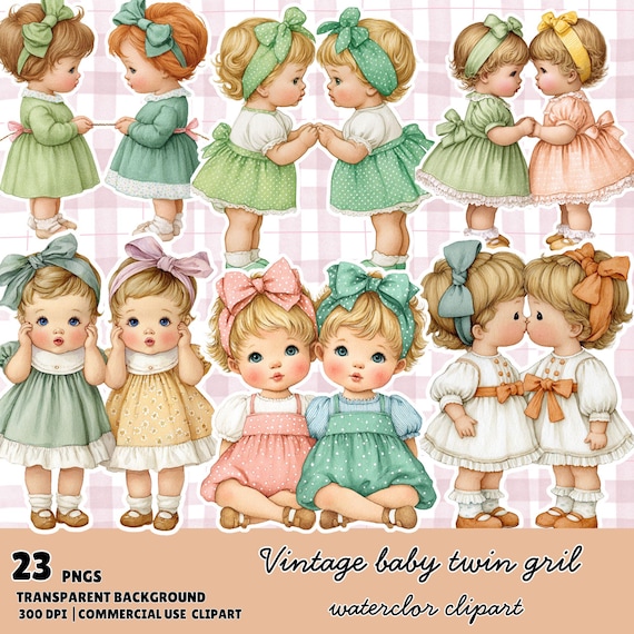 Vintage Twin Baby girl Watercolor Clipart PNG: Retro Nursery Art (Digital Download)