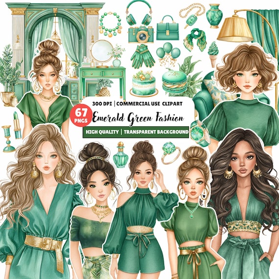Emerald Green Fashion Clipart PNG, Luxury Emerald Green Clipart Bundle, Glamour Emerald Green Fashion Girls for Planner & Sublimation