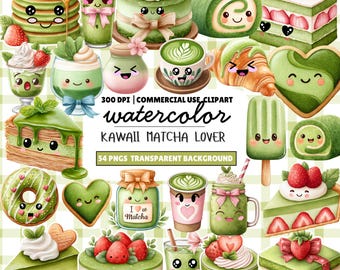 Set de imágenes prediseñadas de matcha kawaii: postres de acuarela (descarga digital)