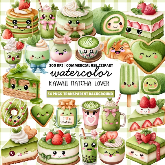 Kawaii Matcha Clipart Set: Watercolor Desserts (Digital Download)