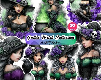 Conjunto de imágenes PNG de brujas góticas: Ilustraciones de fantasía oscura (Descarga digital)