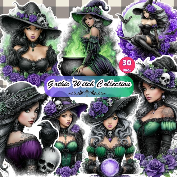 Gothic Witch Clipart PNG Set: Dark Fantasy Illustrations (Digital Download)