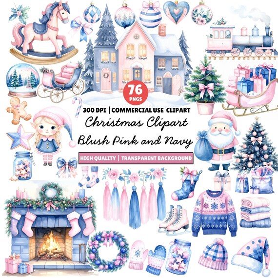 Christmas Clipart Blush Pink and Navy, Pastel Winter PNG Bundle, Watercolor PNGs (Digital Download)