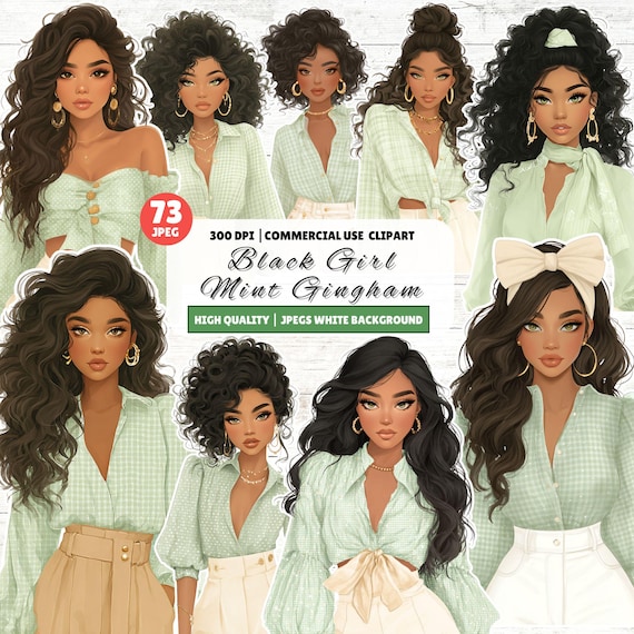 Black Girl Clipart Mint Gingham Black Girl Clipart Fashion Black Girl Clipart JPEG 300 DPI Commercial Use