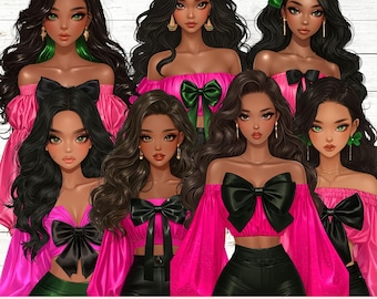 Paquete de imágenes prediseñadas de chicas negras, muñecas de moda de hermandad rosa y verde (PNG, JPEG)