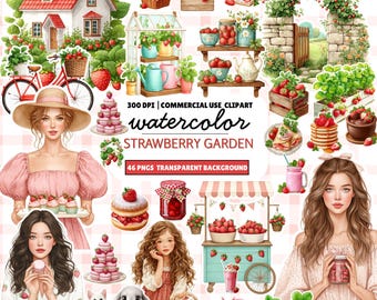 Watercolor Strawberry Garden Clipart: Cottagecore PNG Set (Digital Download)