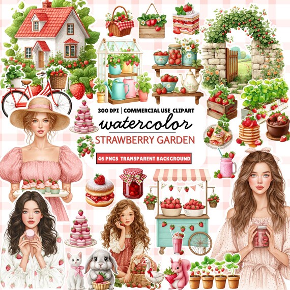 Watercolor Strawberry Garden Clipart: Cottagecore PNG Set (Digital Download)