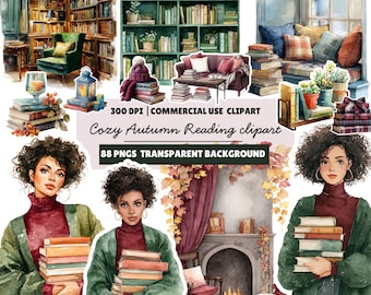 Cozy Autumn Reading Clipart: Watercolor Library PNG Set