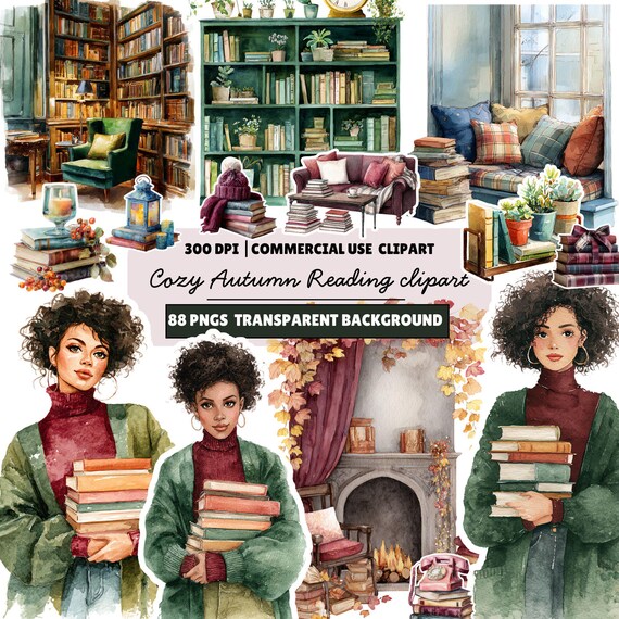 Cozy Autumn Reading Clipart: Watercolor Library PNG Set