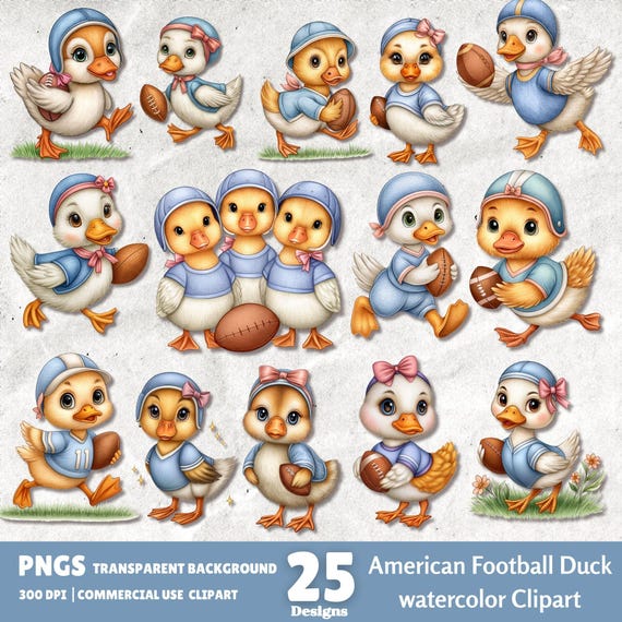 Football Duck PNG, Watercolor Duck Clipart Bundle, Cute American Football for Sublimation & Boy Shower