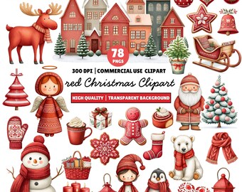 Pode incluir: Uma coleção de imagens clipart de Natal vermelhas, incluindo casas, ornamentos, um boneco de neve, o Papai Noel, um anjo, um urso polar e um pinguim. O texto na imagem diz "red Christmas Clipart".