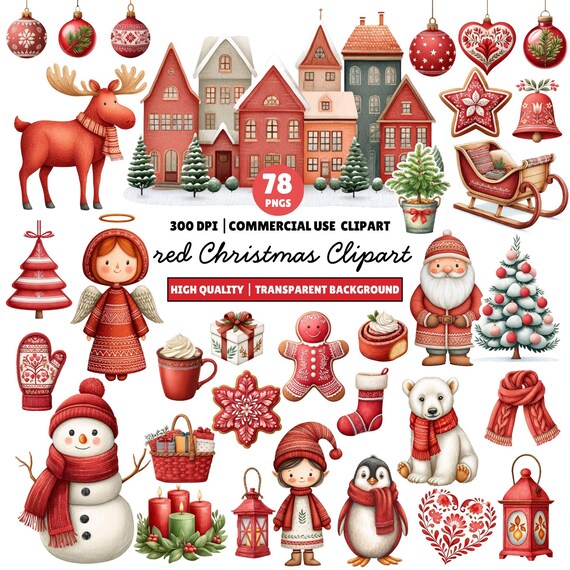 Red Christmas Clipart, Watercolor Christmas  Bundle for Sublimation, Commercial Use PNGs
