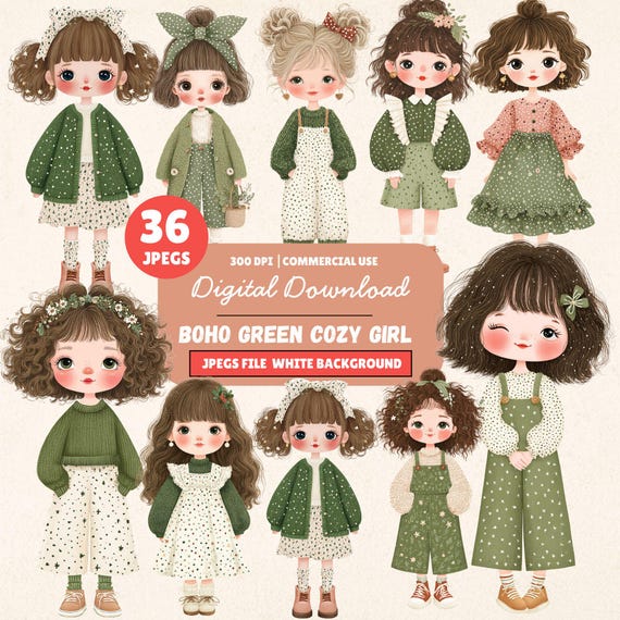 Boho Green Girl Clipart Set, Watercolor Fashion Doll Illustrations (Digital Download)